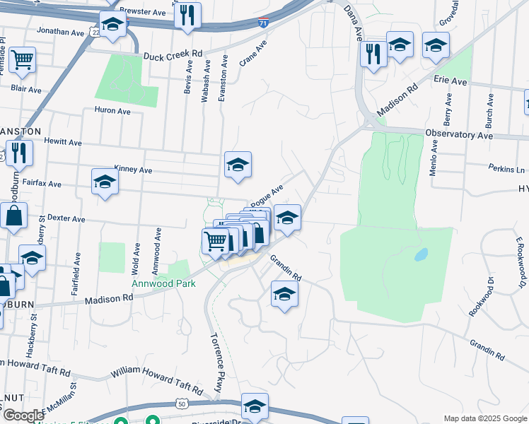 map of restaurants, bars, coffee shops, grocery stores, and more near 3056 O Bryon Street in Cincinnati