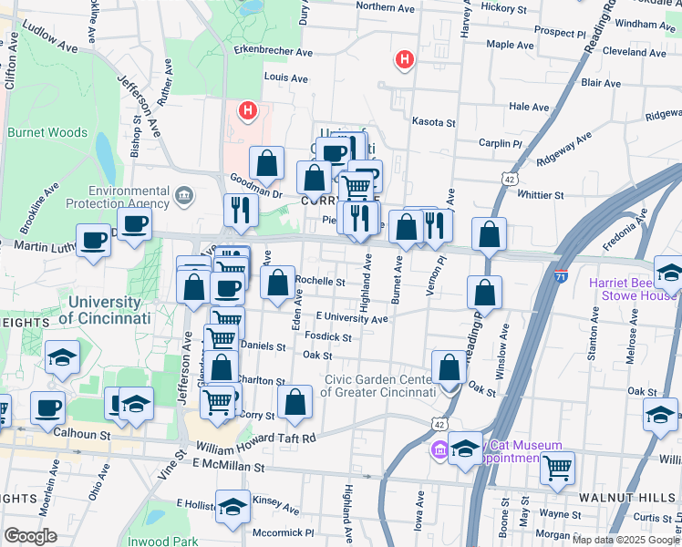 map of restaurants, bars, coffee shops, grocery stores, and more near 235 Stetson Street in Cincinnati