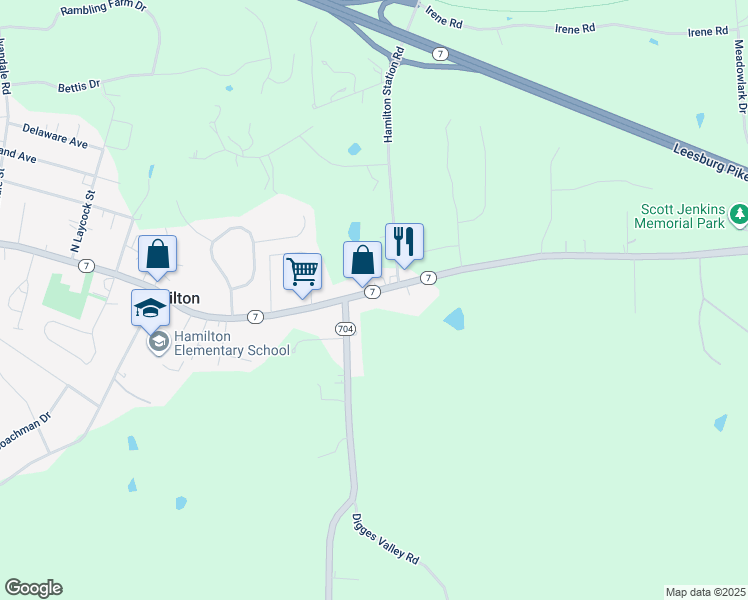 map of restaurants, bars, coffee shops, grocery stores, and more near 38997 East Colonial Highway in Hamilton