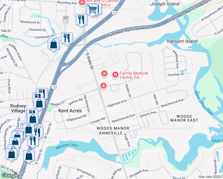 map of restaurants, bars, coffee shops, grocery stores, and more near 37 Highview Avenue in Dover
