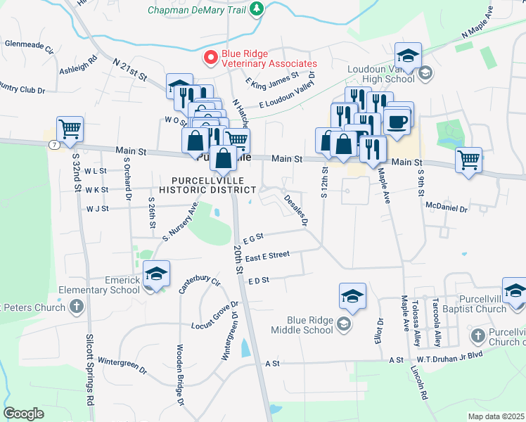 map of restaurants, bars, coffee shops, grocery stores, and more near 133 Amalfi Court in Purcellville