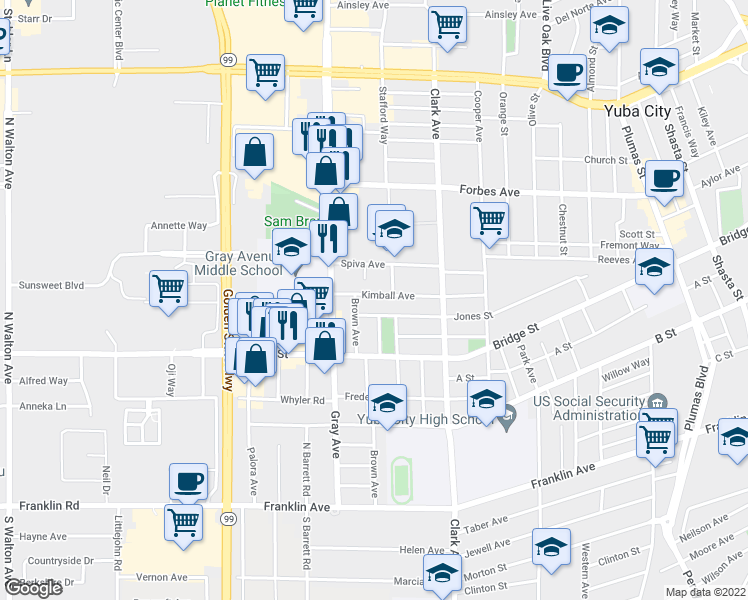 map of restaurants, bars, coffee shops, grocery stores, and more near 920 Kimball Avenue in Yuba City