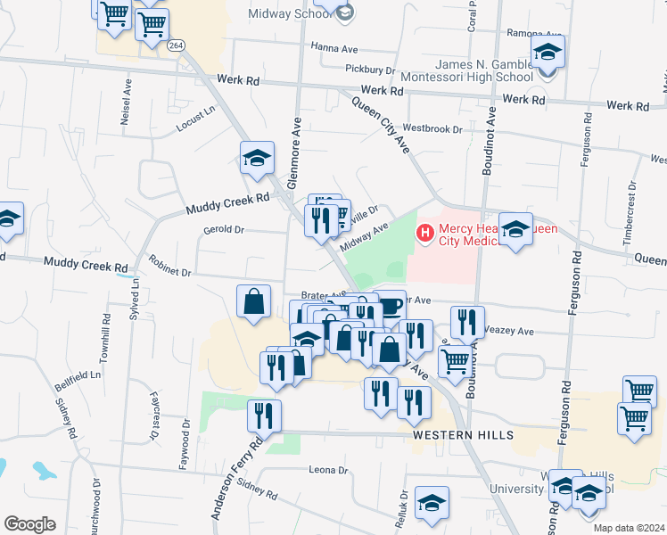 map of restaurants, bars, coffee shops, grocery stores, and more near 5661 Glenway Avenue in Cincinnati