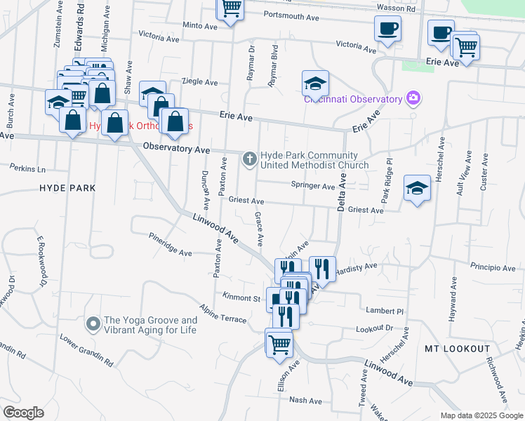 map of restaurants, bars, coffee shops, grocery stores, and more near 1270 Grace Avenue in Cincinnati