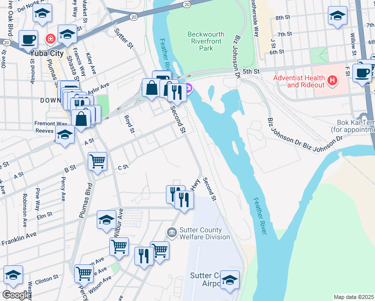 map of restaurants, bars, coffee shops, grocery stores, and more near 352 Second Street in Yuba City