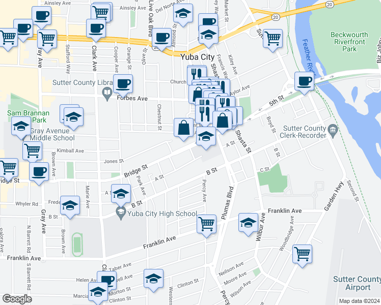 map of restaurants, bars, coffee shops, grocery stores, and more near 566 A Street in Yuba City