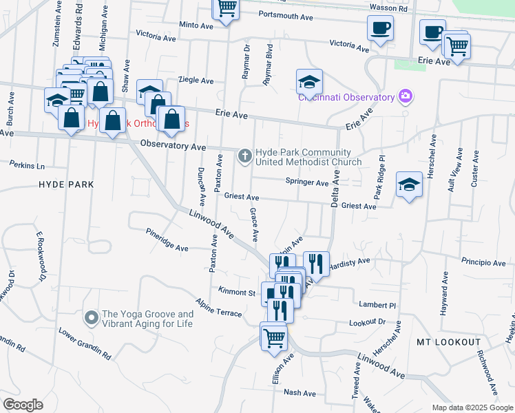 map of restaurants, bars, coffee shops, grocery stores, and more near 1242 Grace Avenue in Cincinnati