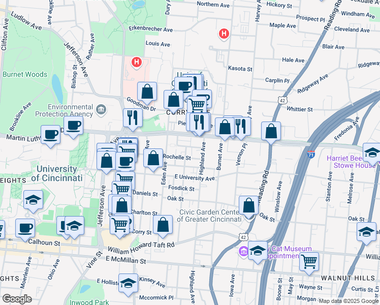 map of restaurants, bars, coffee shops, grocery stores, and more near 232 Donahue Street in Cincinnati