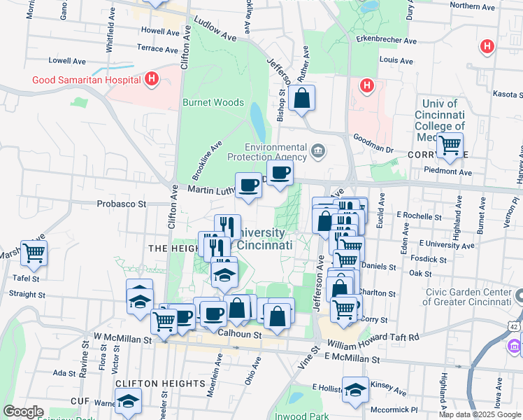 map of restaurants, bars, coffee shops, grocery stores, and more near 2912 Woodside Drive in Cincinnati