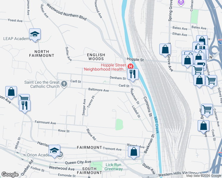 map of restaurants, bars, coffee shops, grocery stores, and more near 1671 Baltimore Avenue in Cincinnati