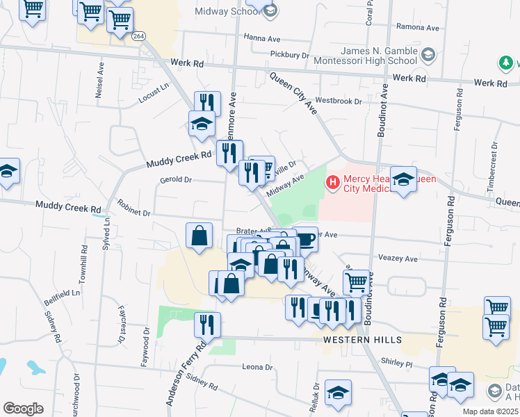 map of restaurants, bars, coffee shops, grocery stores, and more near 5645 Glenway Avenue in Cincinnati