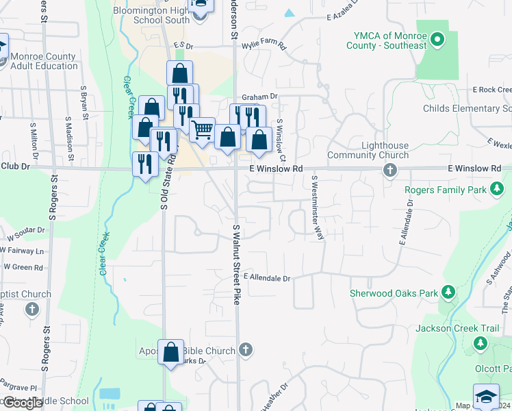 map of restaurants, bars, coffee shops, grocery stores, and more near 2893 South Walnut Street Pike in Bloomington
