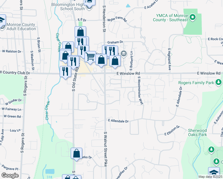 map of restaurants, bars, coffee shops, grocery stores, and more near 2893 South Walnut Street Pike in Bloomington