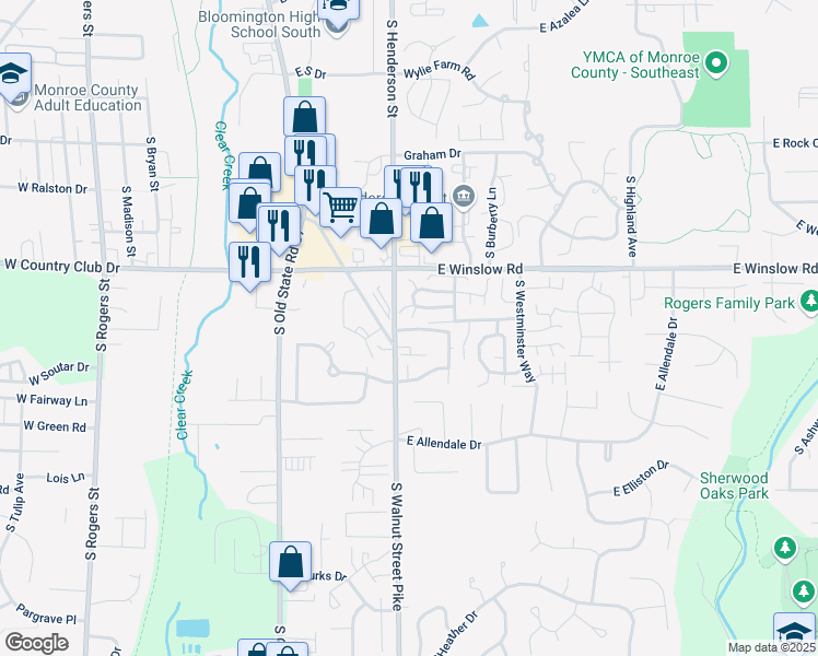 map of restaurants, bars, coffee shops, grocery stores, and more near 2893 South Walnut Street Pike in Bloomington