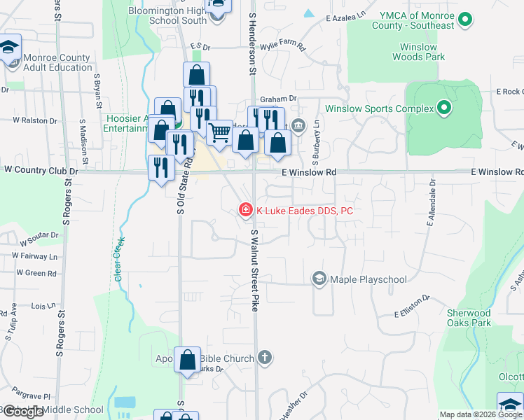 map of restaurants, bars, coffee shops, grocery stores, and more near 2893 South Walnut Street Pike in Bloomington