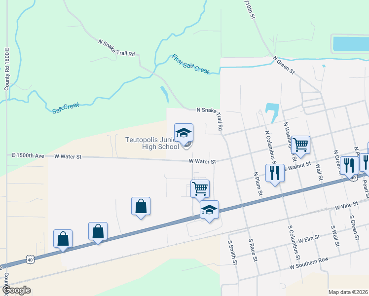map of restaurants, bars, coffee shops, grocery stores, and more near 1216 West Water Street in Teutopolis
