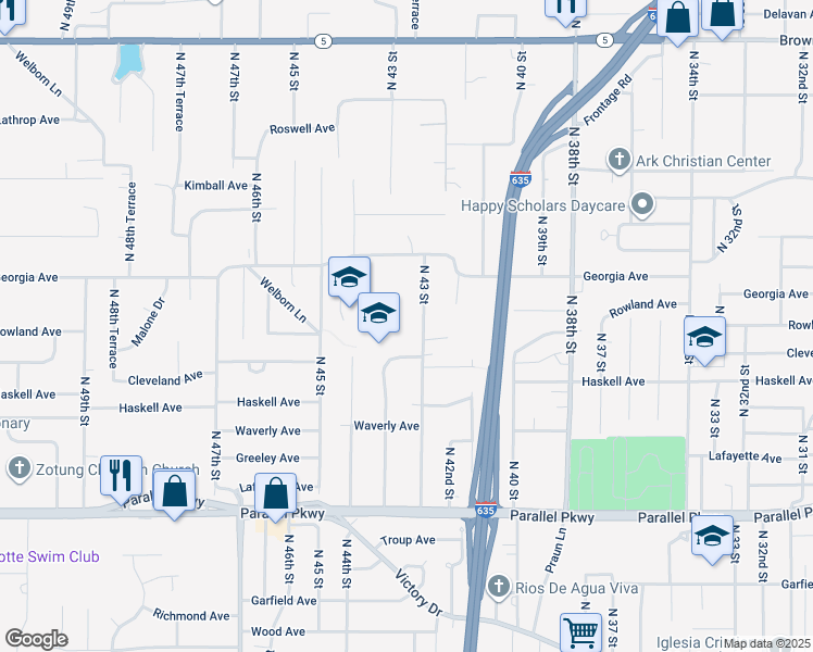 map of restaurants, bars, coffee shops, grocery stores, and more near 2500 North 43rd Street in Kansas City