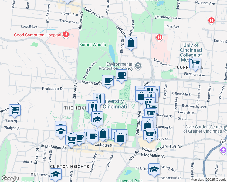 map of restaurants, bars, coffee shops, grocery stores, and more near 2906 Woodside Drive in Cincinnati