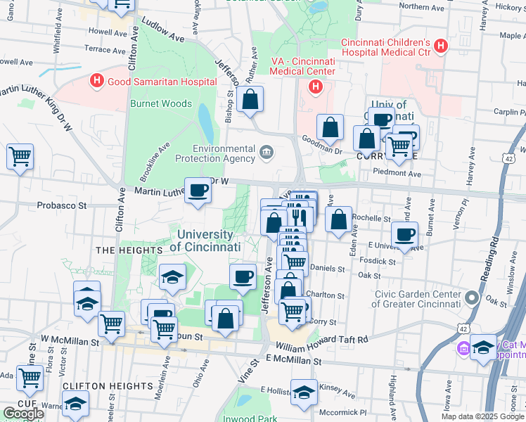 map of restaurants, bars, coffee shops, grocery stores, and more near 40 West University Avenue in Cincinnati