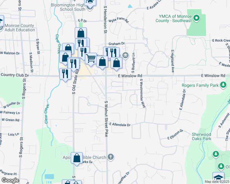 map of restaurants, bars, coffee shops, grocery stores, and more near 2893 South Walnut Street Pike in Bloomington