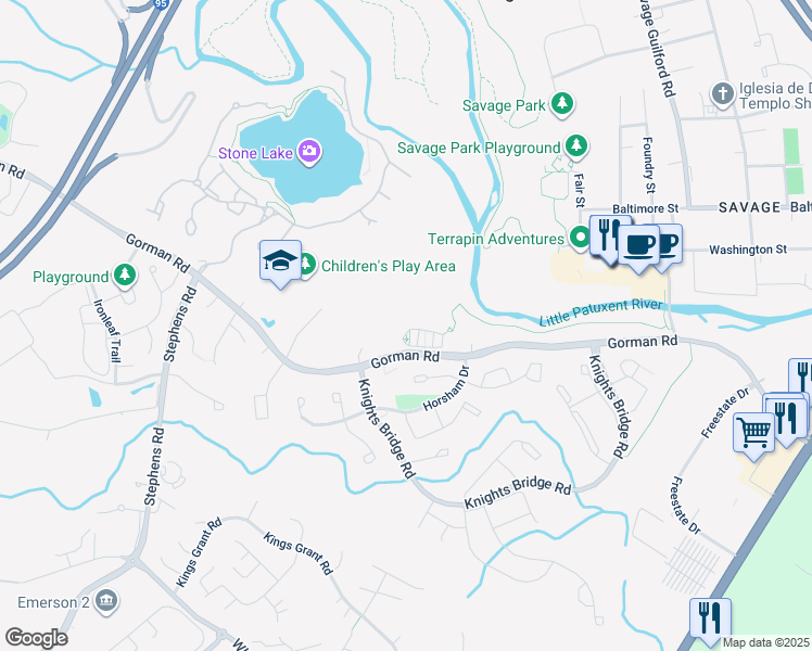 map of restaurants, bars, coffee shops, grocery stores, and more near 9380 Rock Ripple Lane in Laurel