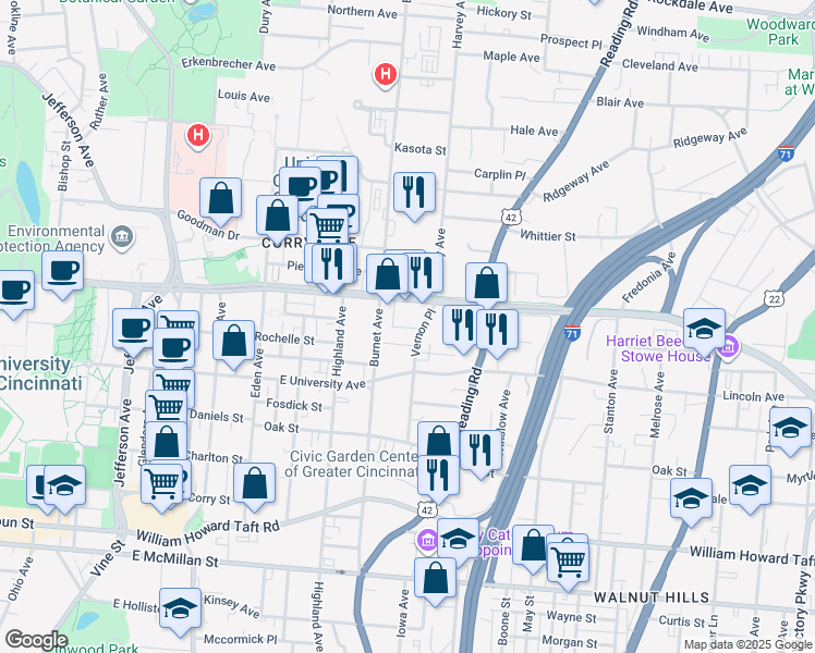 map of restaurants, bars, coffee shops, grocery stores, and more near 3000 Vernon Place in Cincinnati
