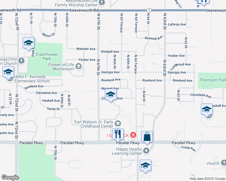 map of restaurants, bars, coffee shops, grocery stores, and more near 6611 Rowland Avenue in Kansas City