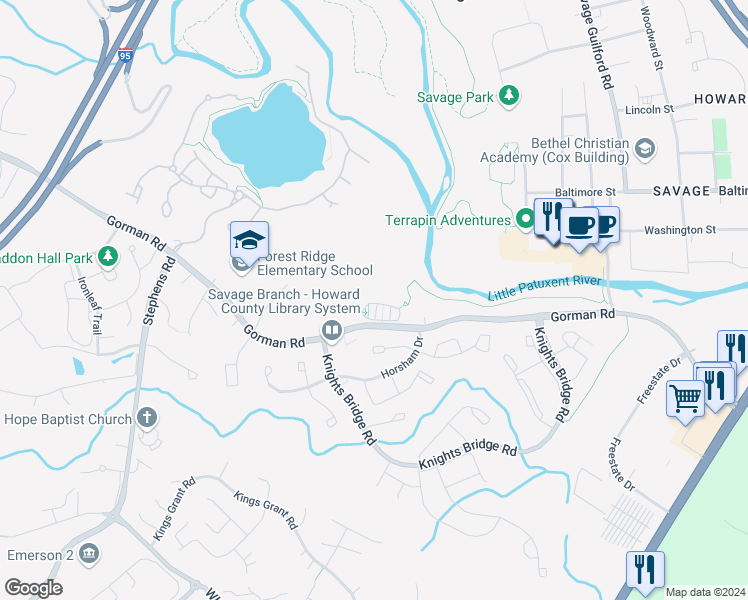 map of restaurants, bars, coffee shops, grocery stores, and more near 9368 Rock Ripple Lane in Laurel