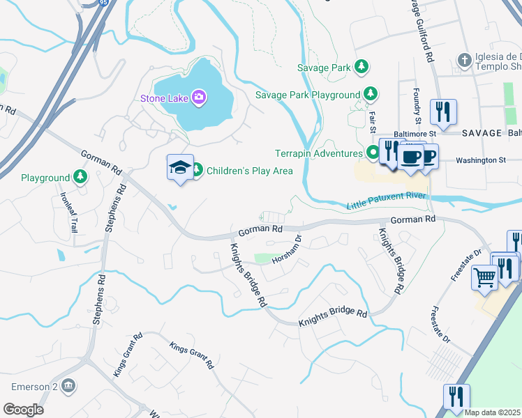 map of restaurants, bars, coffee shops, grocery stores, and more near 9380 Rock Ripple Lane in Laurel