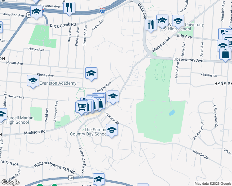 map of restaurants, bars, coffee shops, grocery stores, and more near 2223 Bedford Terrace in Cincinnati
