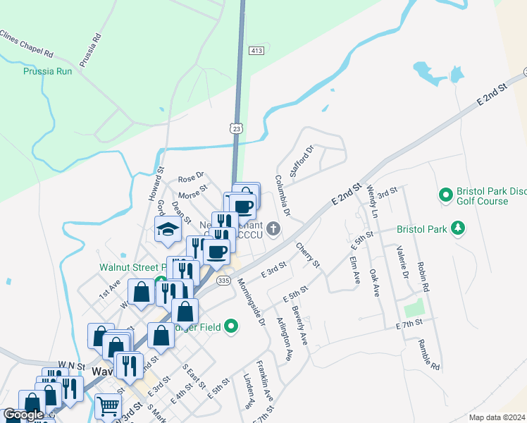 map of restaurants, bars, coffee shops, grocery stores, and more near 115 Columbia Drive in Waverly