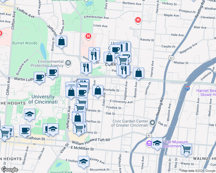 map of restaurants, bars, coffee shops, grocery stores, and more near 3026 Eden Avenue in Cincinnati