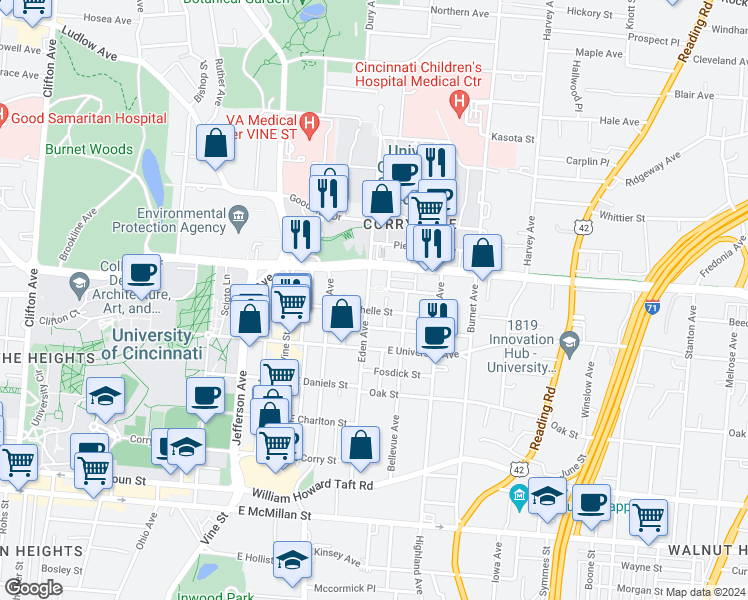 map of restaurants, bars, coffee shops, grocery stores, and more near 3026 Eden Avenue in Cincinnati