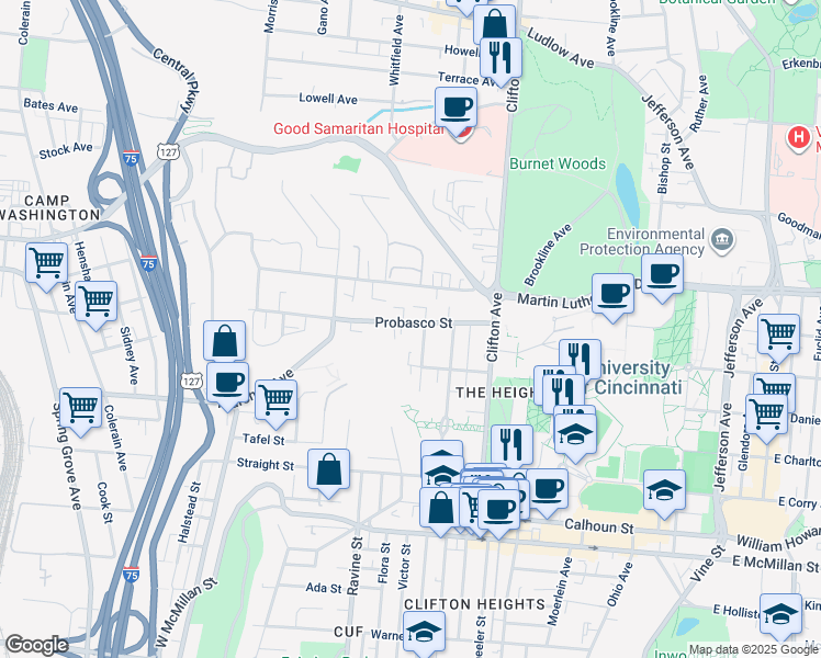 map of restaurants, bars, coffee shops, grocery stores, and more near 471 Riddle Road in Cincinnati