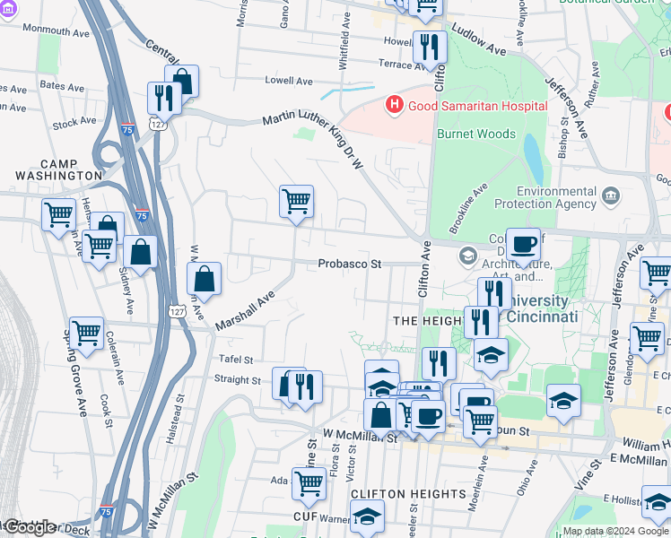 map of restaurants, bars, coffee shops, grocery stores, and more near 501 Sandheger Place in Cincinnati