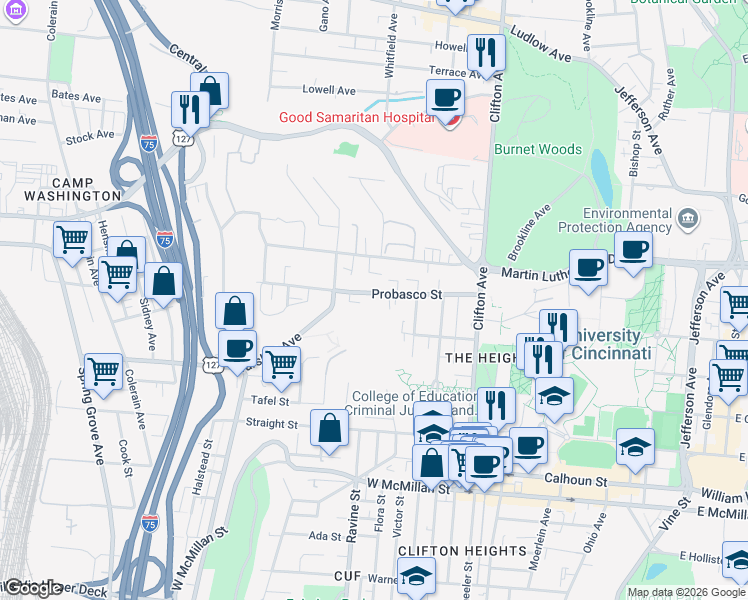 map of restaurants, bars, coffee shops, grocery stores, and more near 501 Sandheger Place in Cincinnati
