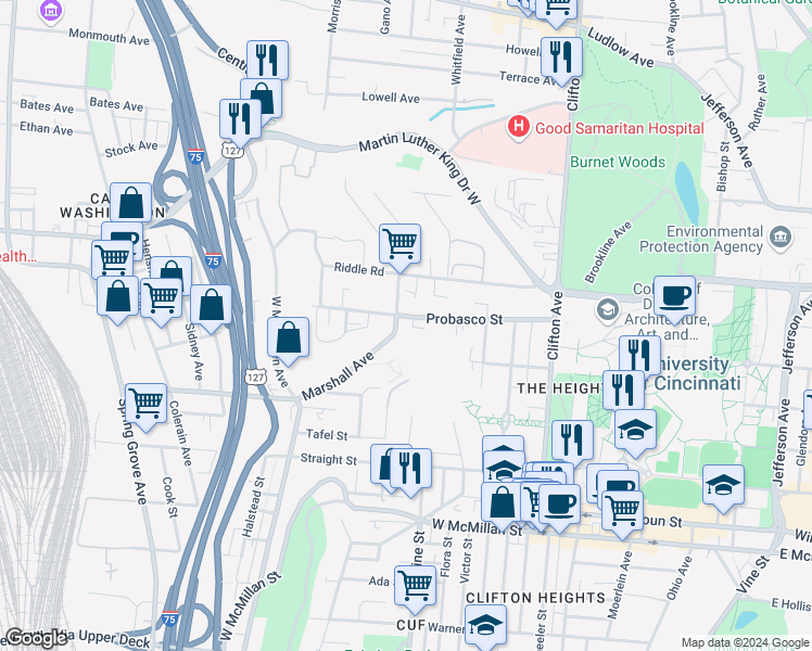 map of restaurants, bars, coffee shops, grocery stores, and more near 2925 Marshall Avenue in Cincinnati