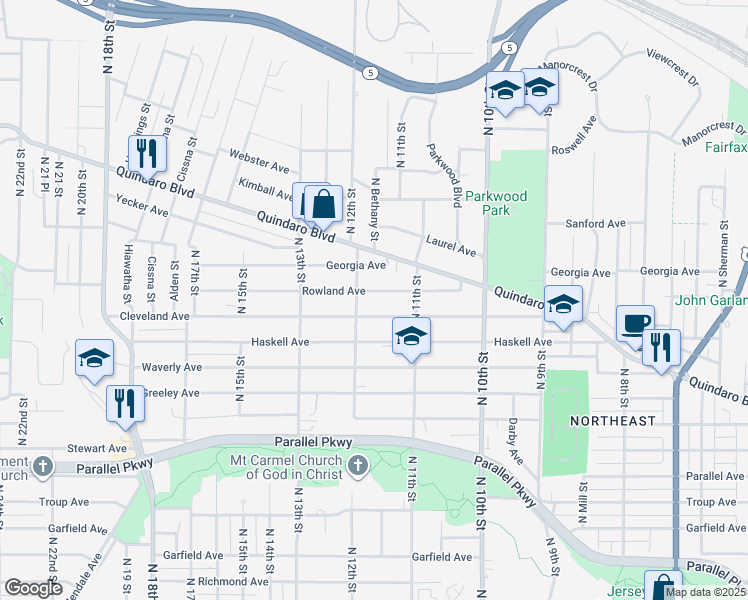 map of restaurants, bars, coffee shops, grocery stores, and more near 1131 Georgia Avenue in Kansas City
