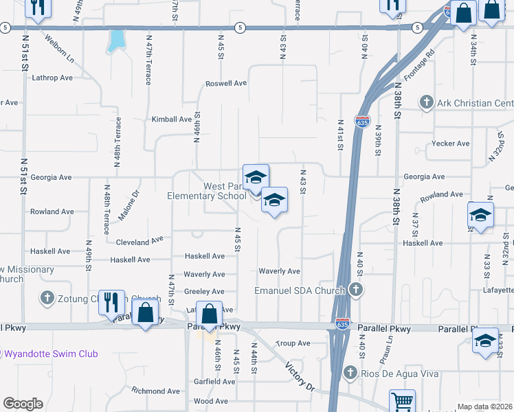 map of restaurants, bars, coffee shops, grocery stores, and more near 2600 North 44th Street in Kansas City