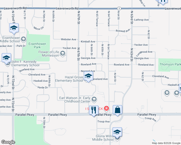 map of restaurants, bars, coffee shops, grocery stores, and more near 6611 Rowland Avenue in Kansas City