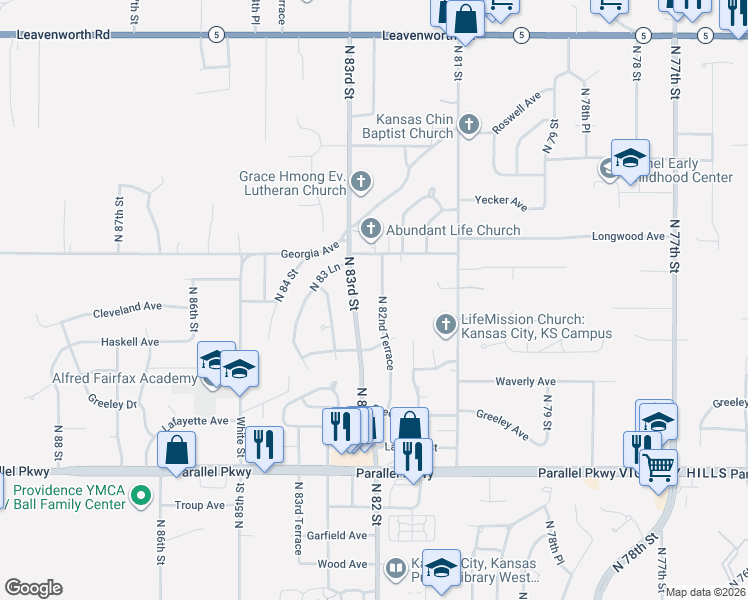 map of restaurants, bars, coffee shops, grocery stores, and more near 2612 North 82nd Terrace in Kansas City