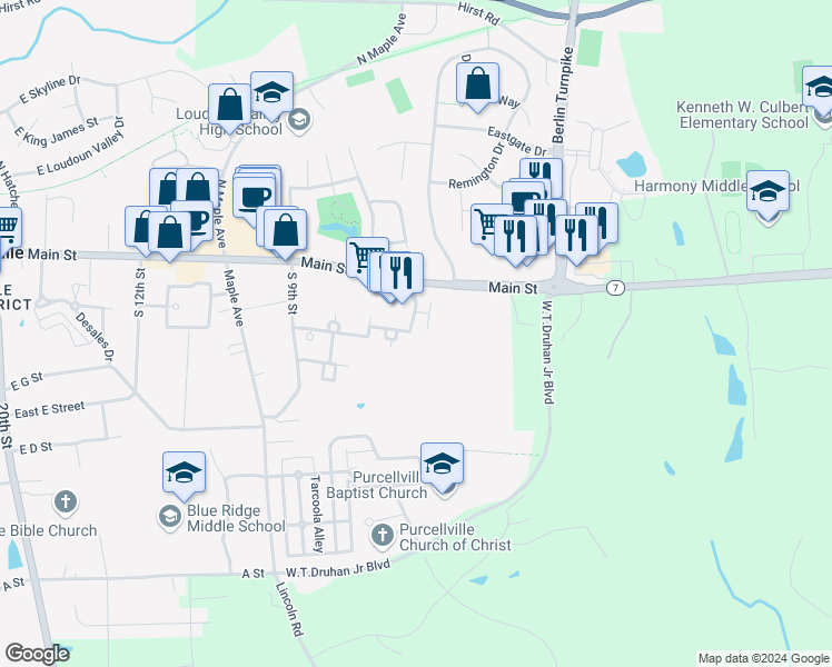 map of restaurants, bars, coffee shops, grocery stores, and more near 208 McDaniel Drive in Purcellville