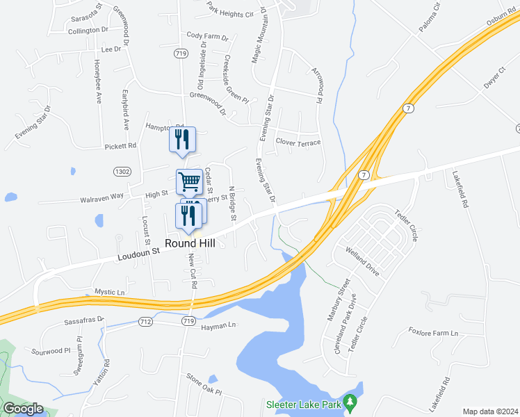 map of restaurants, bars, coffee shops, grocery stores, and more near 26 East Loudoun Street in Round Hill