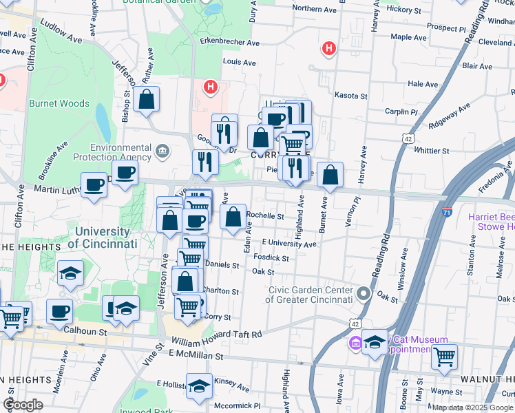map of restaurants, bars, coffee shops, grocery stores, and more near 3026 Eden Avenue in Cincinnati