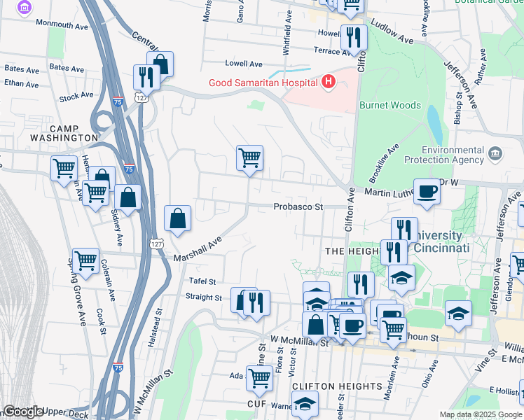 map of restaurants, bars, coffee shops, grocery stores, and more near 415 Probasco Street in Cincinnati