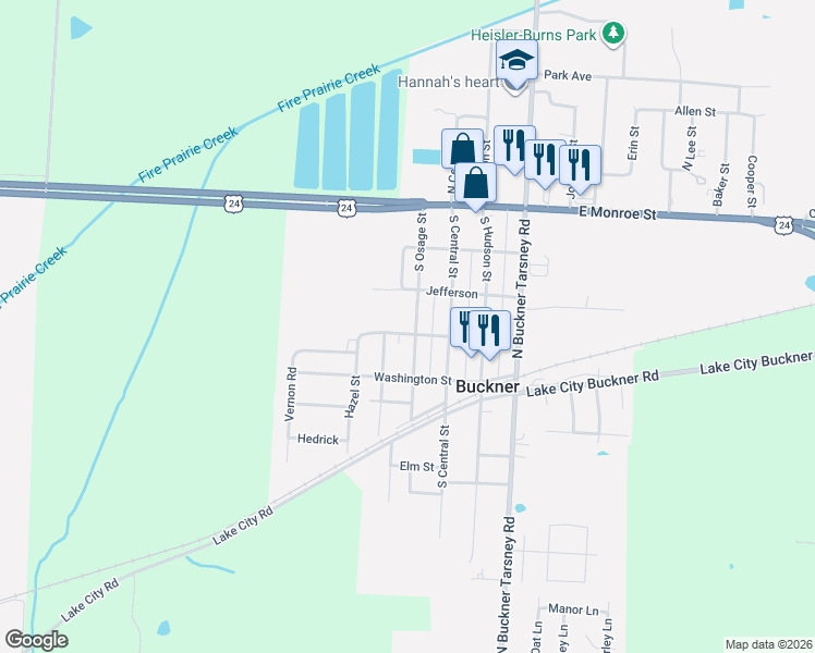 map of restaurants, bars, coffee shops, grocery stores, and more near 230 South Osage Street in Buckner