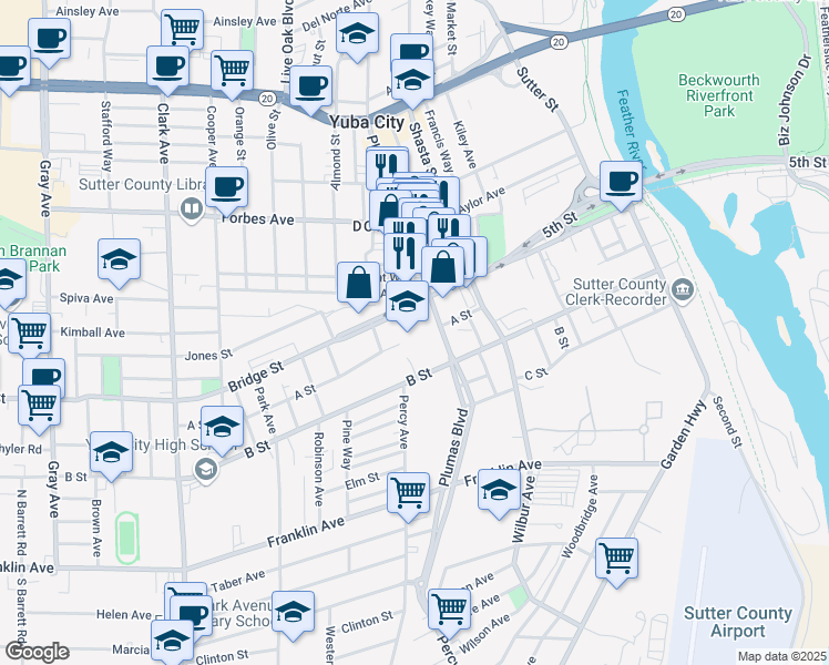 map of restaurants, bars, coffee shops, grocery stores, and more near 500 Bridge Street in Yuba City