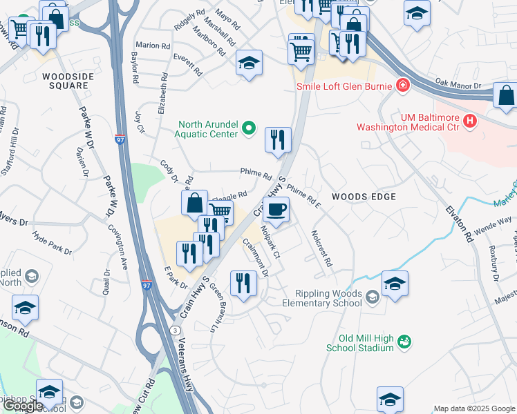 map of restaurants, bars, coffee shops, grocery stores, and more near 7920 Crain Highway in Glen Burnie