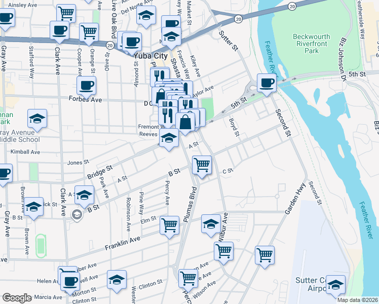 map of restaurants, bars, coffee shops, grocery stores, and more near 460 A Street in Yuba City