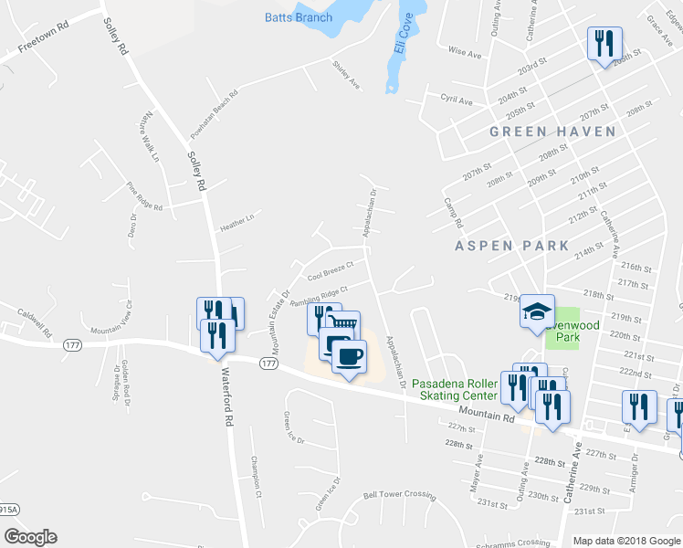map of restaurants, bars, coffee shops, grocery stores, and more near 349 Cool Breeze Court in Pasadena